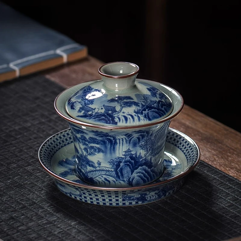 景德镇纯手工青花山水盖碗茶杯功夫三才碗家用陶瓷泡茶器茶碗单个