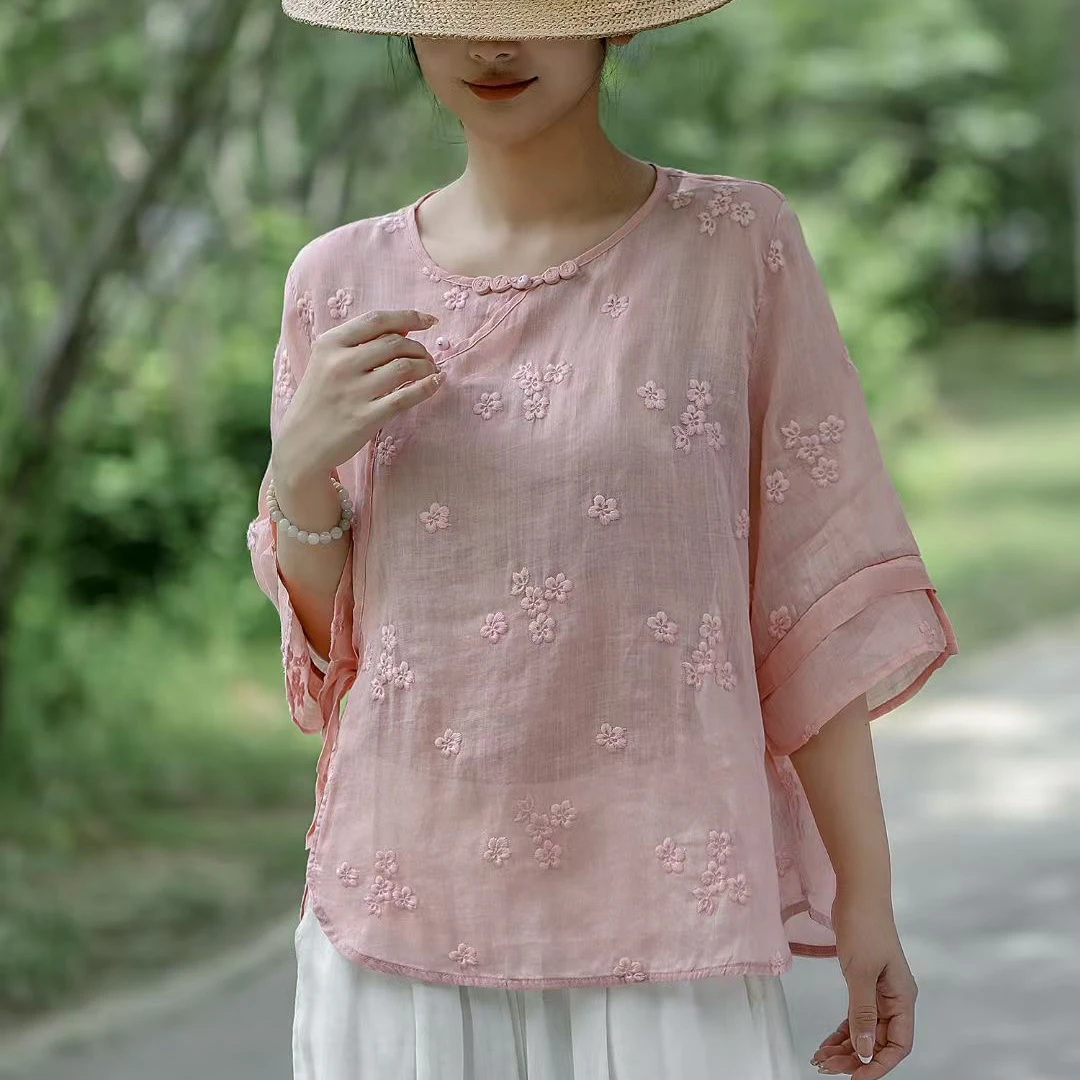 100纯苎麻衬衫女夏季文艺复古满绣圆领百搭显瘦小衫