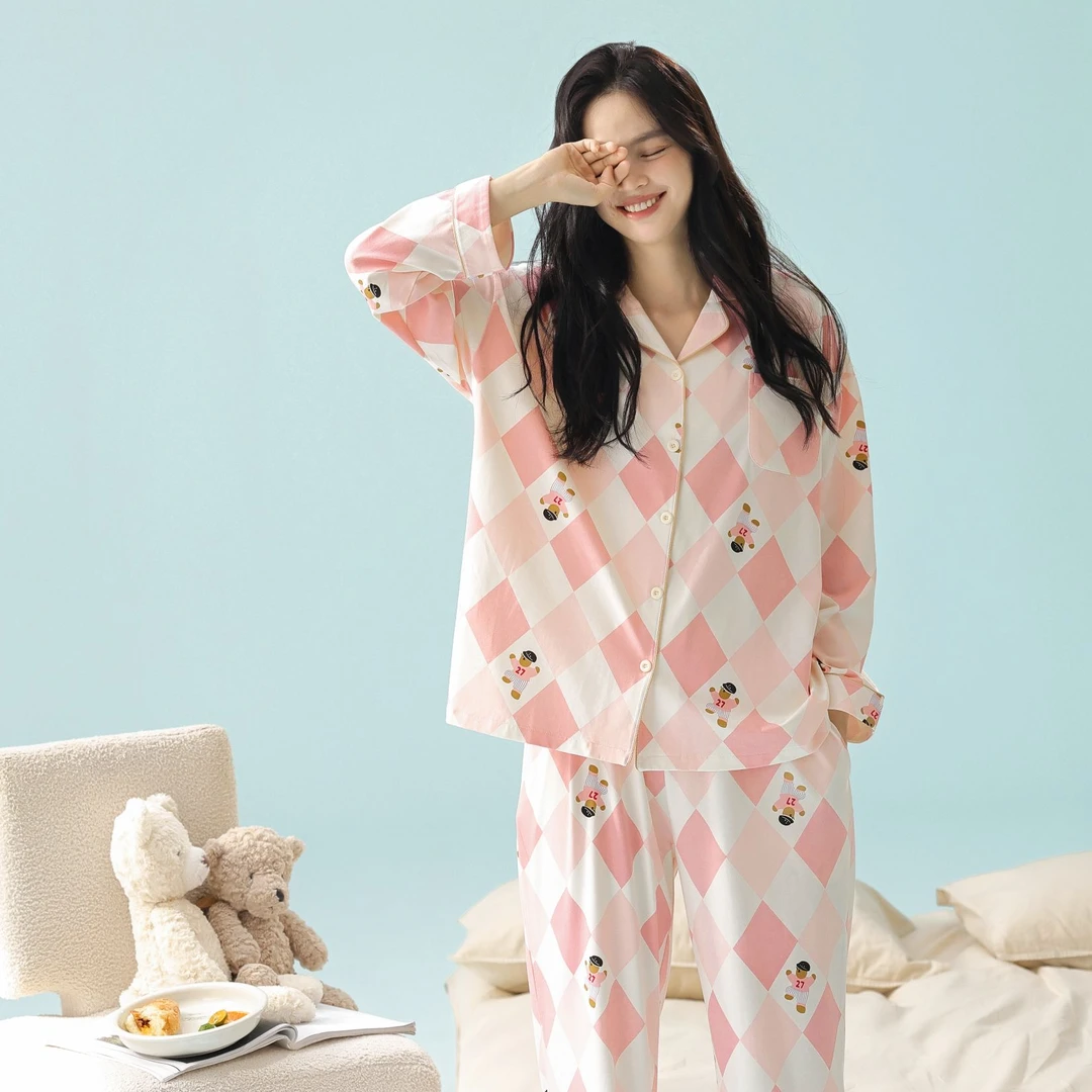 La seule【绅士熊】纯棉春夏新疆棉薄款睡衣女士 7A抗菌柔软家居服