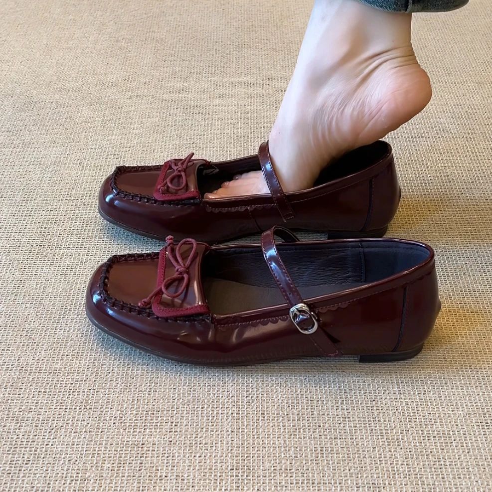 RubyL/1cm甜美少女风蝴蝶结一字扣带方头浅口平底玛丽珍单鞋女款