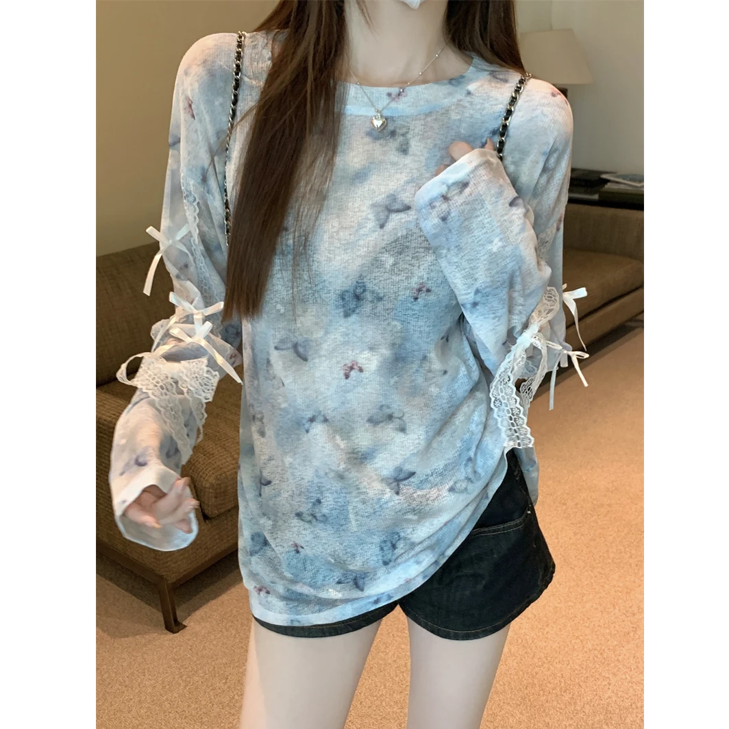 2025春夏新款蝴蝶印花长袖T恤防晒衣女上衣