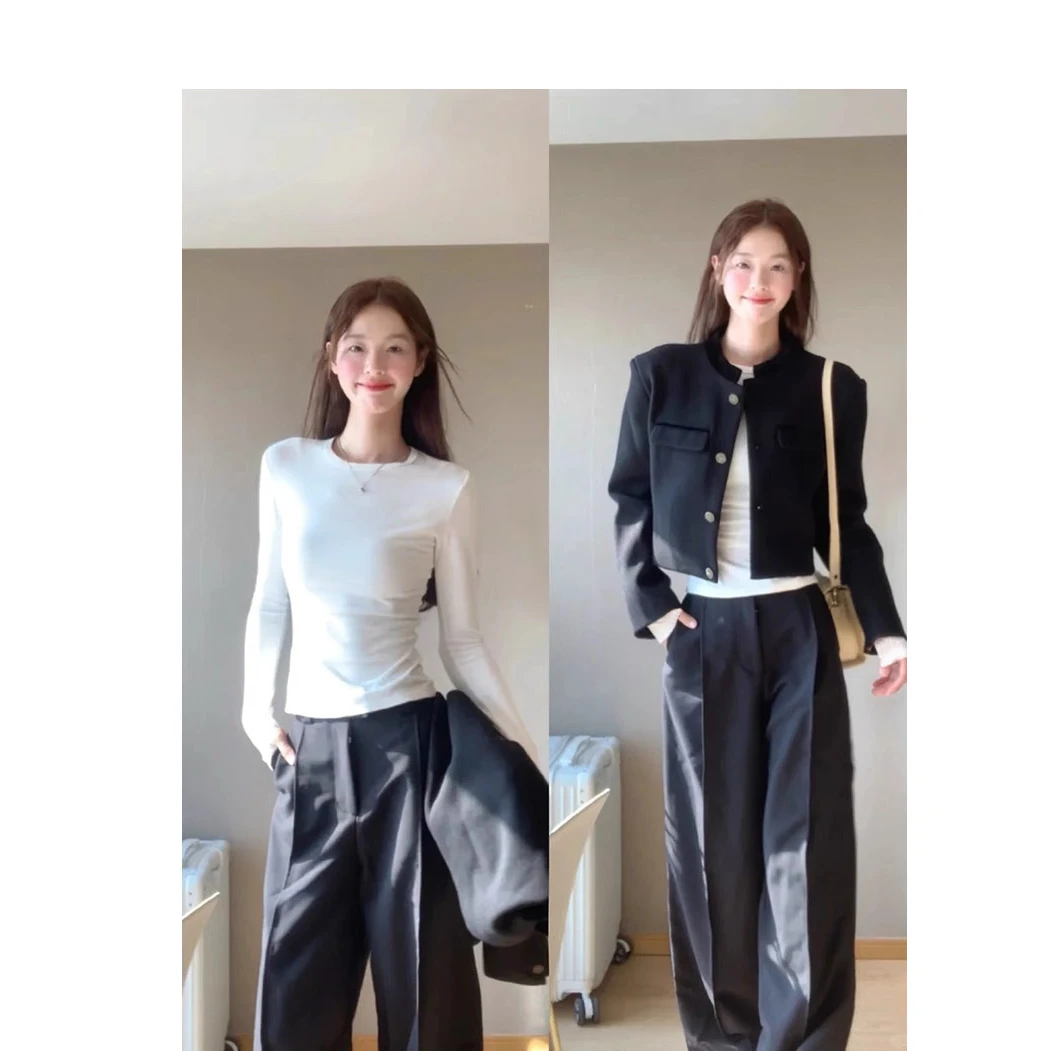 白色内搭长袖上衣女t恤修身早秋短款薄打底衫小香风紧身圆领秋衣