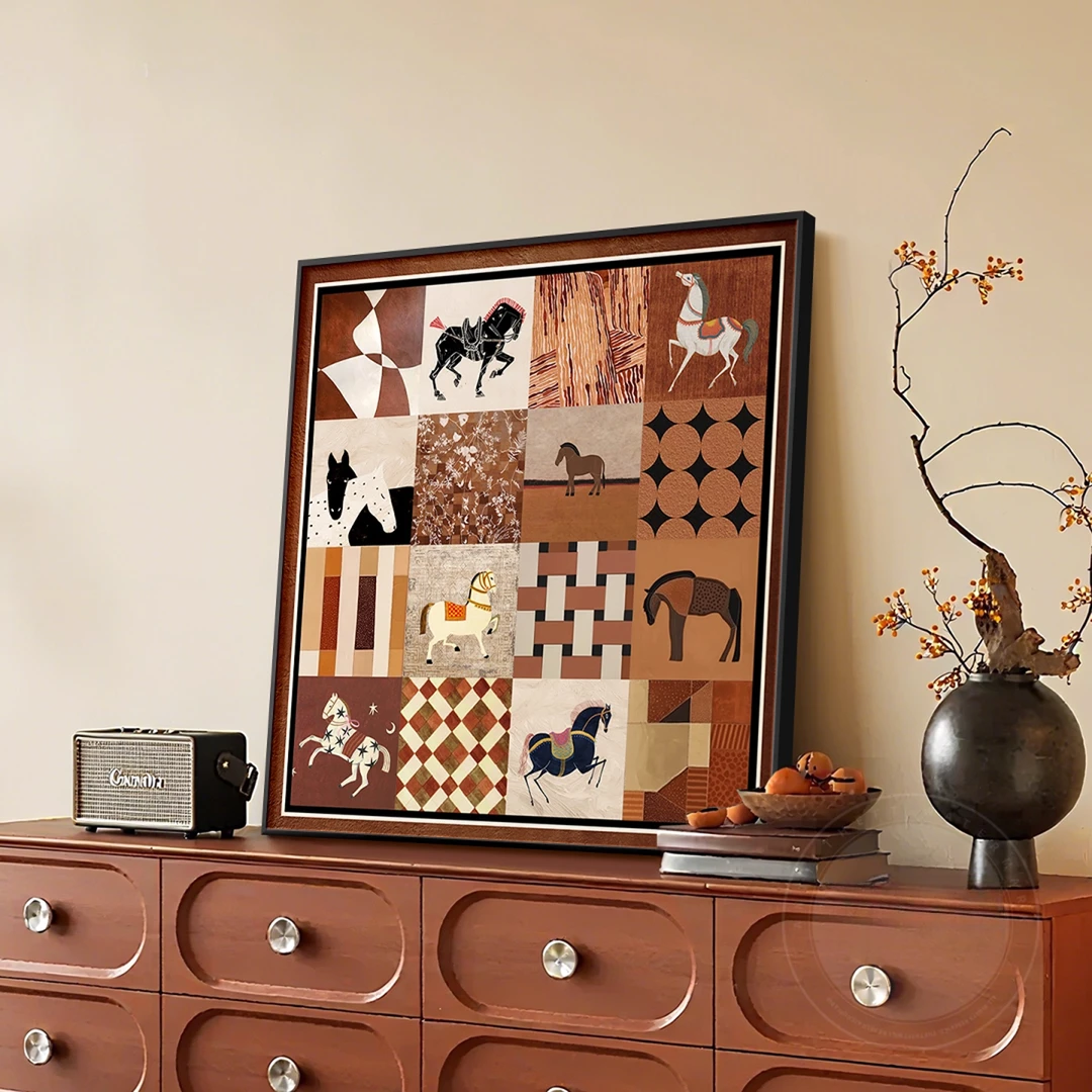 中古风餐厅装饰画方形立体实木客厅背景墙挂画马到成功玄关柜壁画