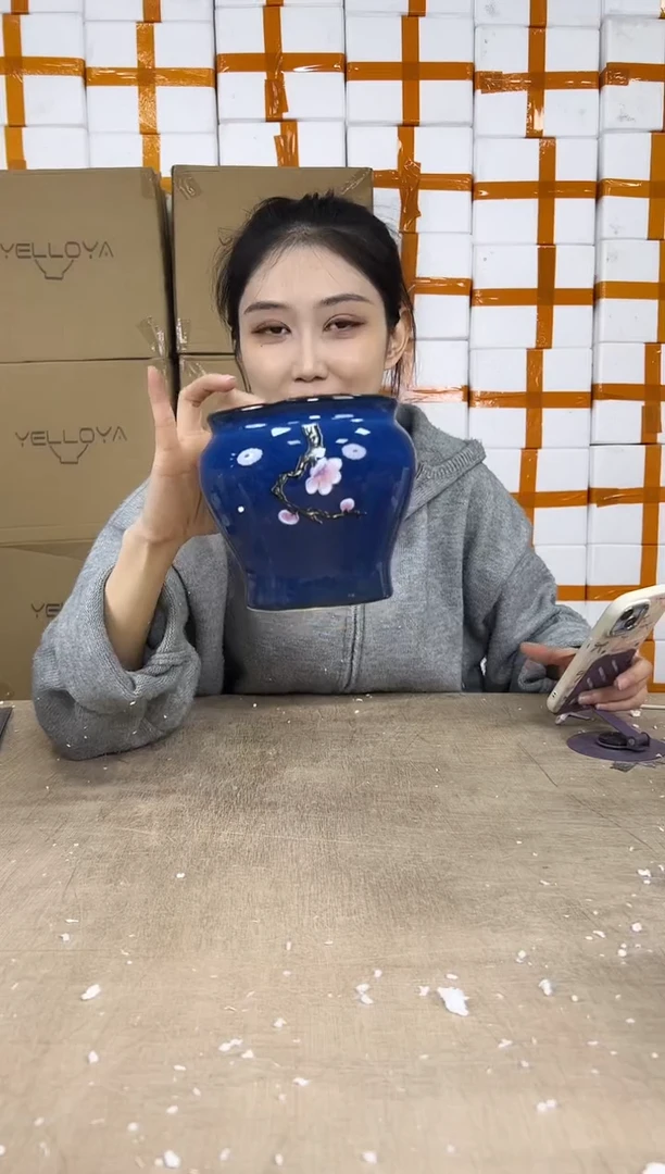 缸型深蓝花釉勾花13x13
