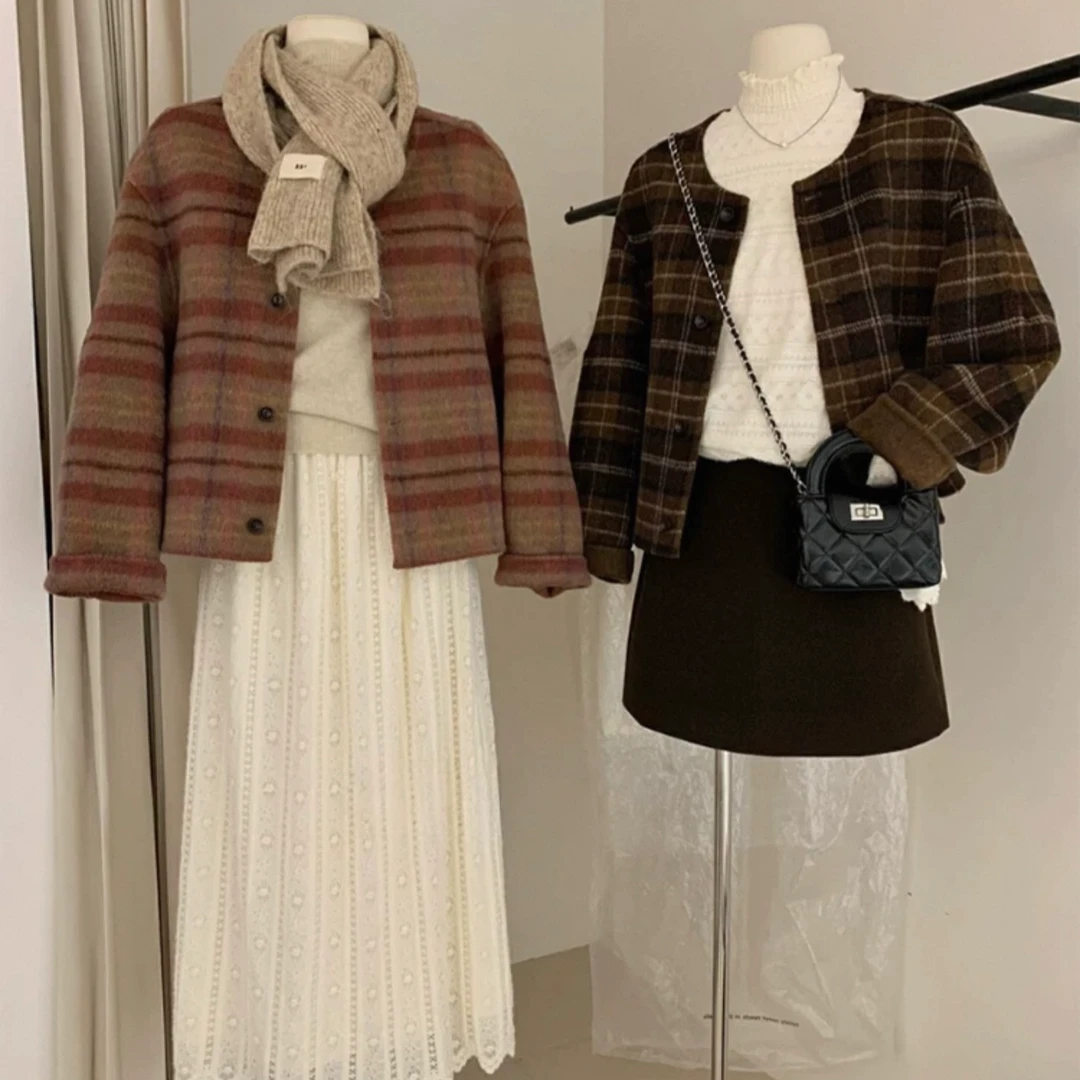 YUTONG春季高级感格子双面羊毛大衣女短款新款韩版圆领宽松外套