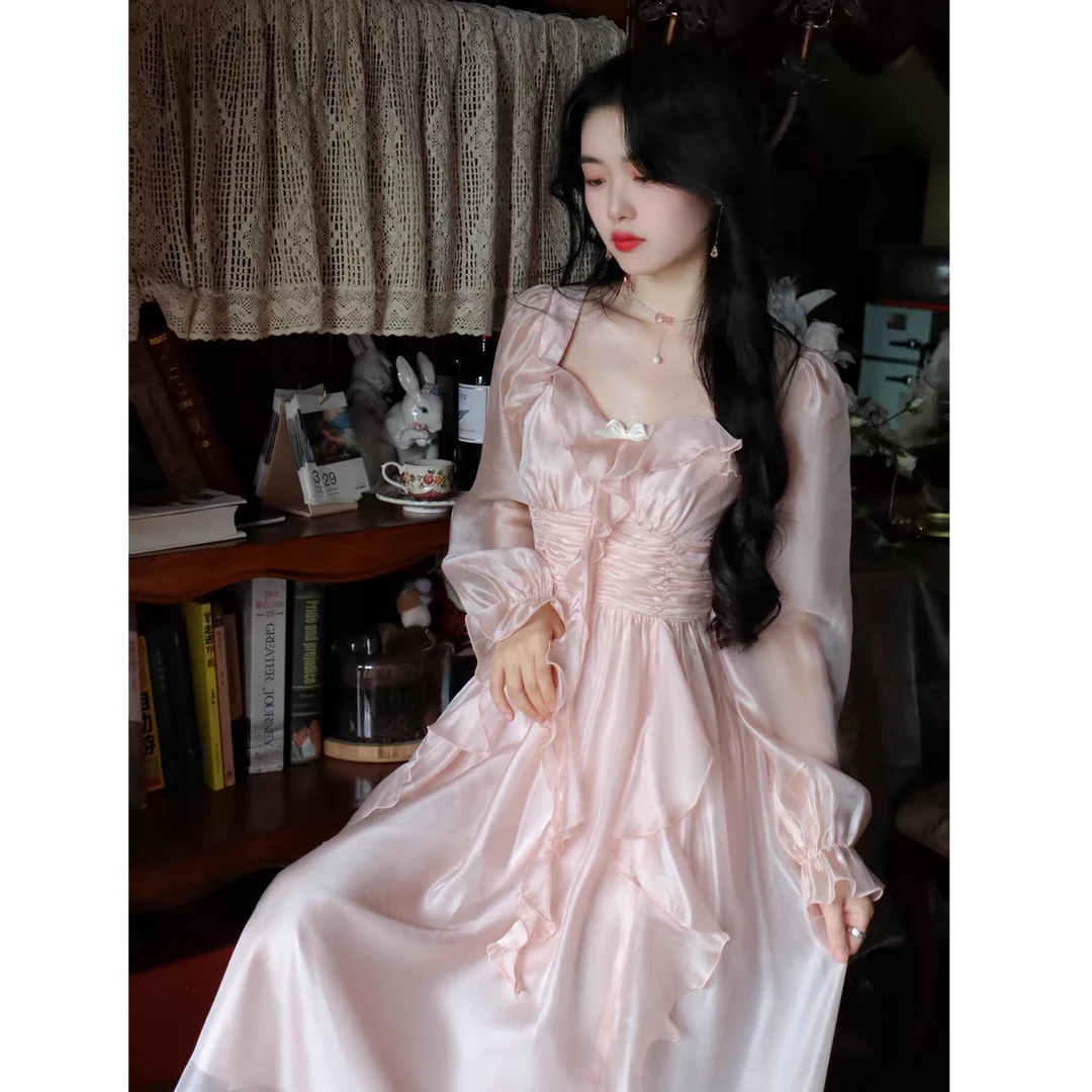 【现货】大码法式复古仙气优雅宫廷春季连衣裙长袖甜美裙子10860