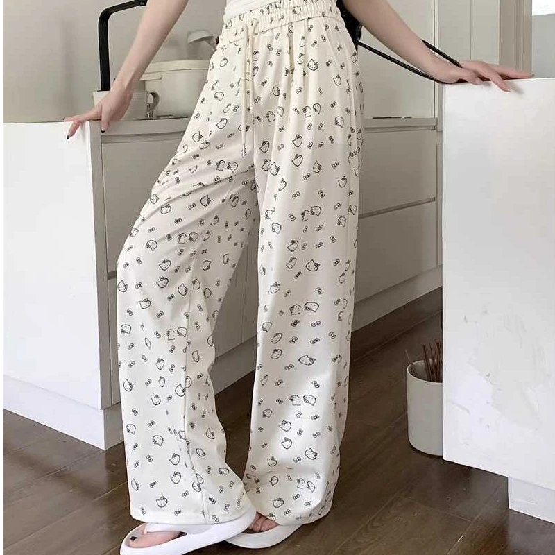 美式复古猫头运动休闲裤女2025新款宽松阔腿直筒裤高腰长裤子