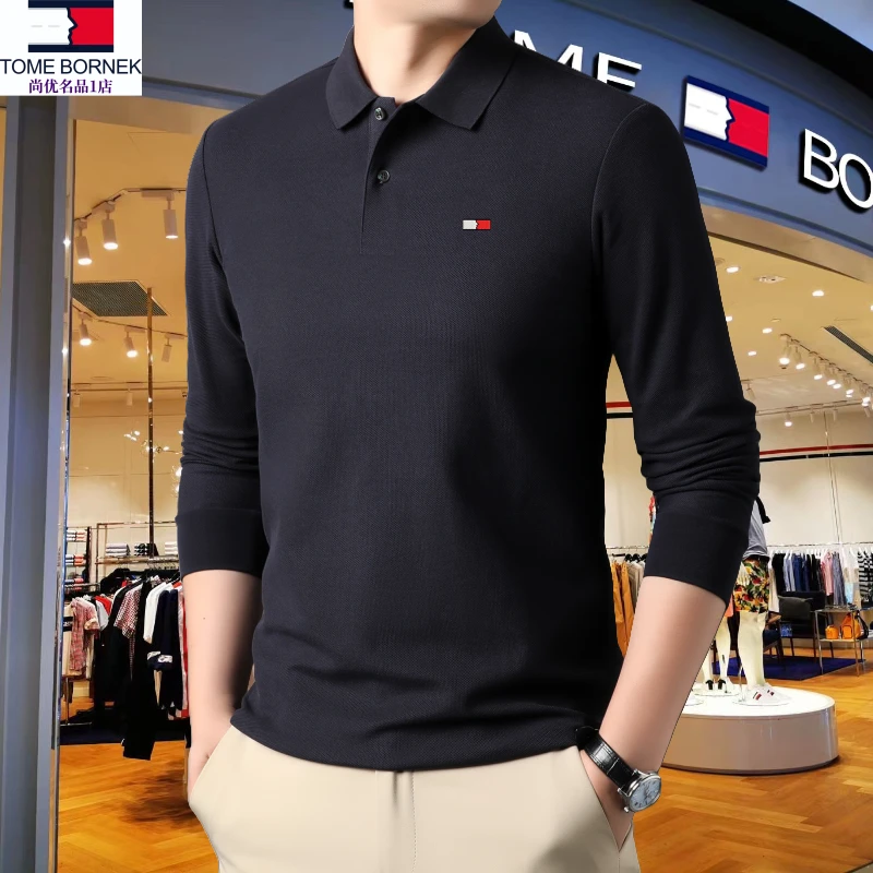 汤米希凯利轻奢长袖t恤男士春秋季新款商务休闲纯棉Polo衫男上衣