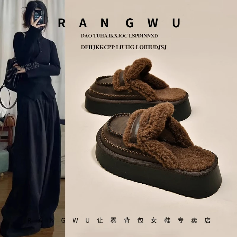 厚底勃肯鞋女外穿毛毛拖鞋2025新款秋冬加绒雪地靴包头半拖鞋棉拖