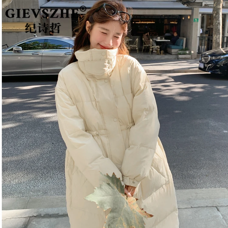 纪诗哲抽绳收腰羽绒服女冬新韩版宽松立领长款过膝加厚白鸭绒外套