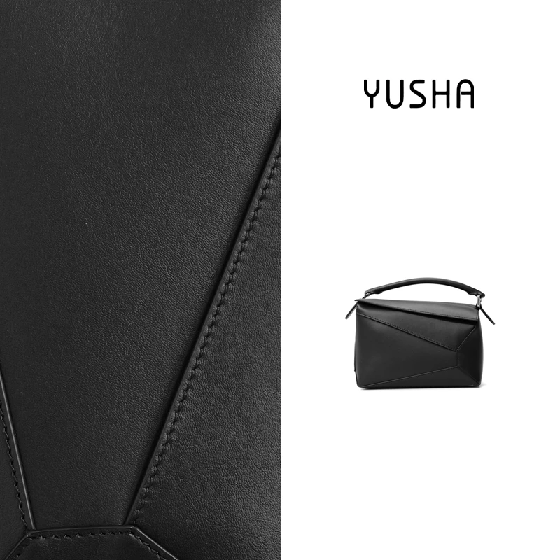 YUSHA/高档大号黑色拼接手提包-B035