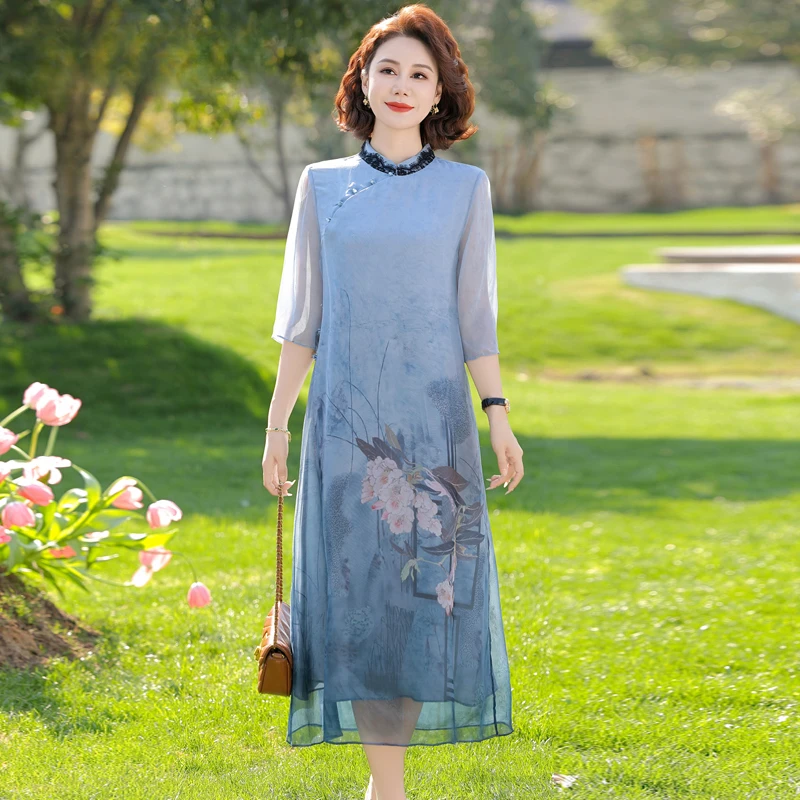 中老年妈妈夏季五分袖雪纺连衣裙女新中式国风长裙显瘦遮肚子夏装