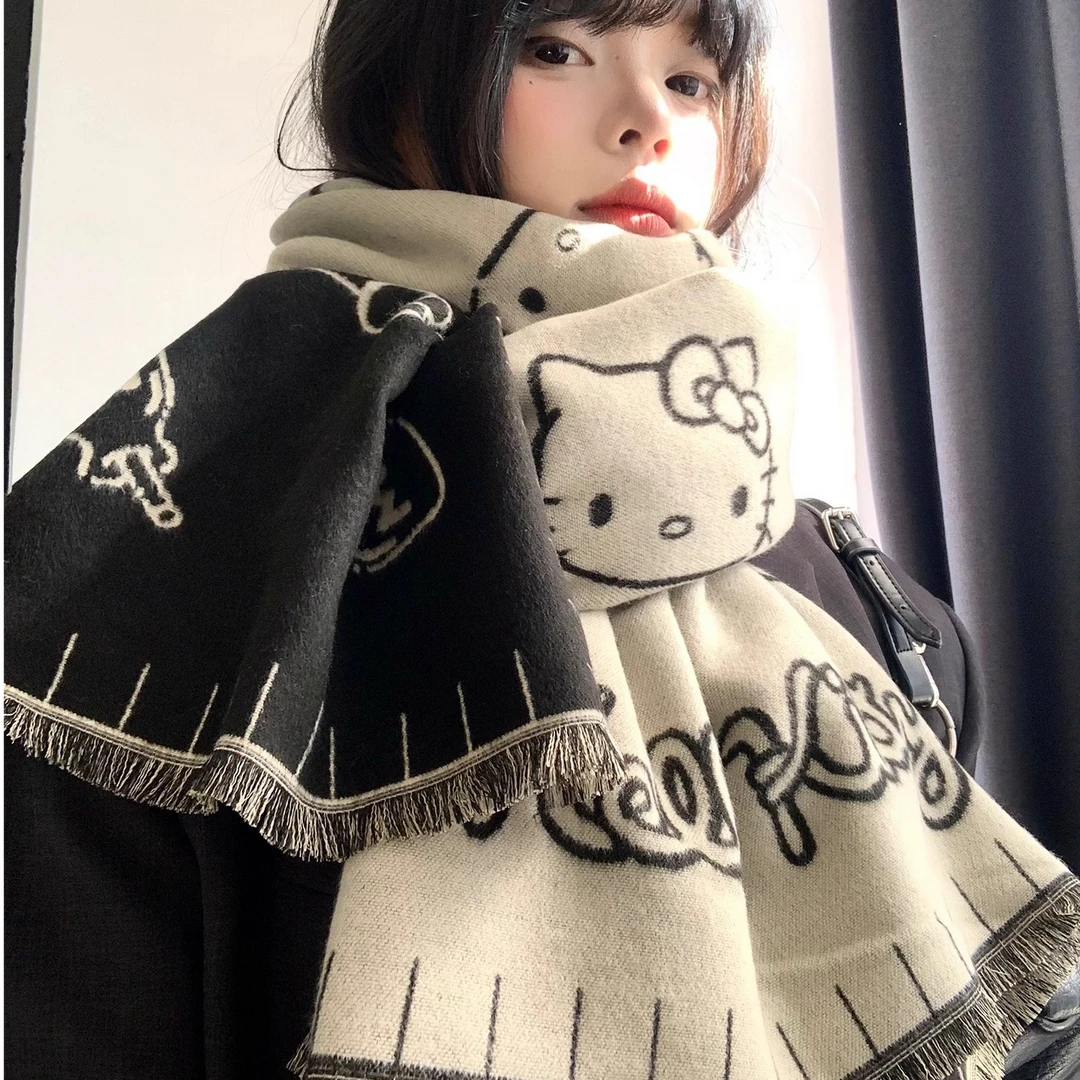 HelloKitty双面围巾女秋冬季韩系高级感加厚保暖防寒护颈围脖披肩
