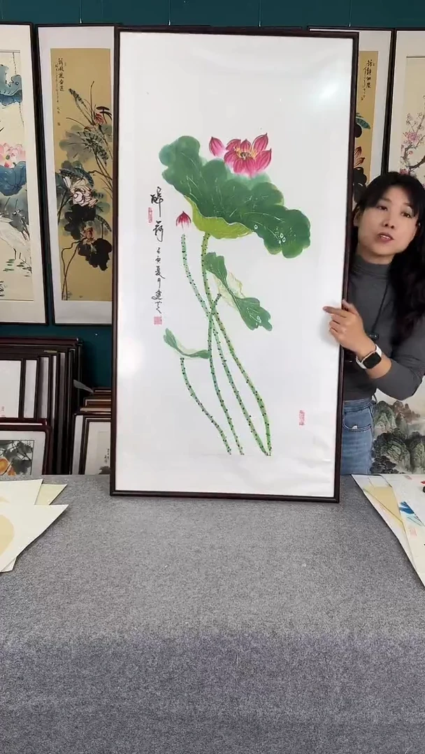 国画荷花实木装裱63*123