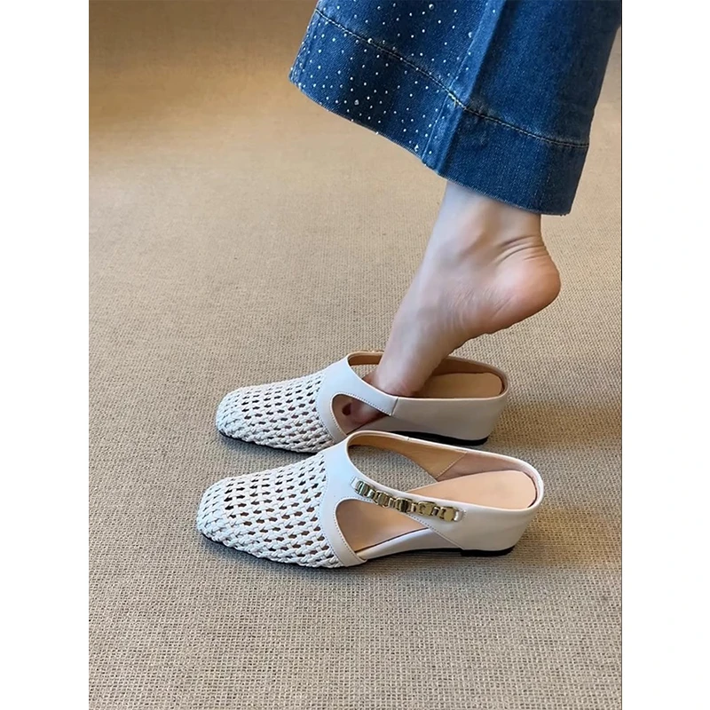 羊皮版~内增高外穿懒人包头鞋女春夏法式金属镂空编织夏季凉拖鞋