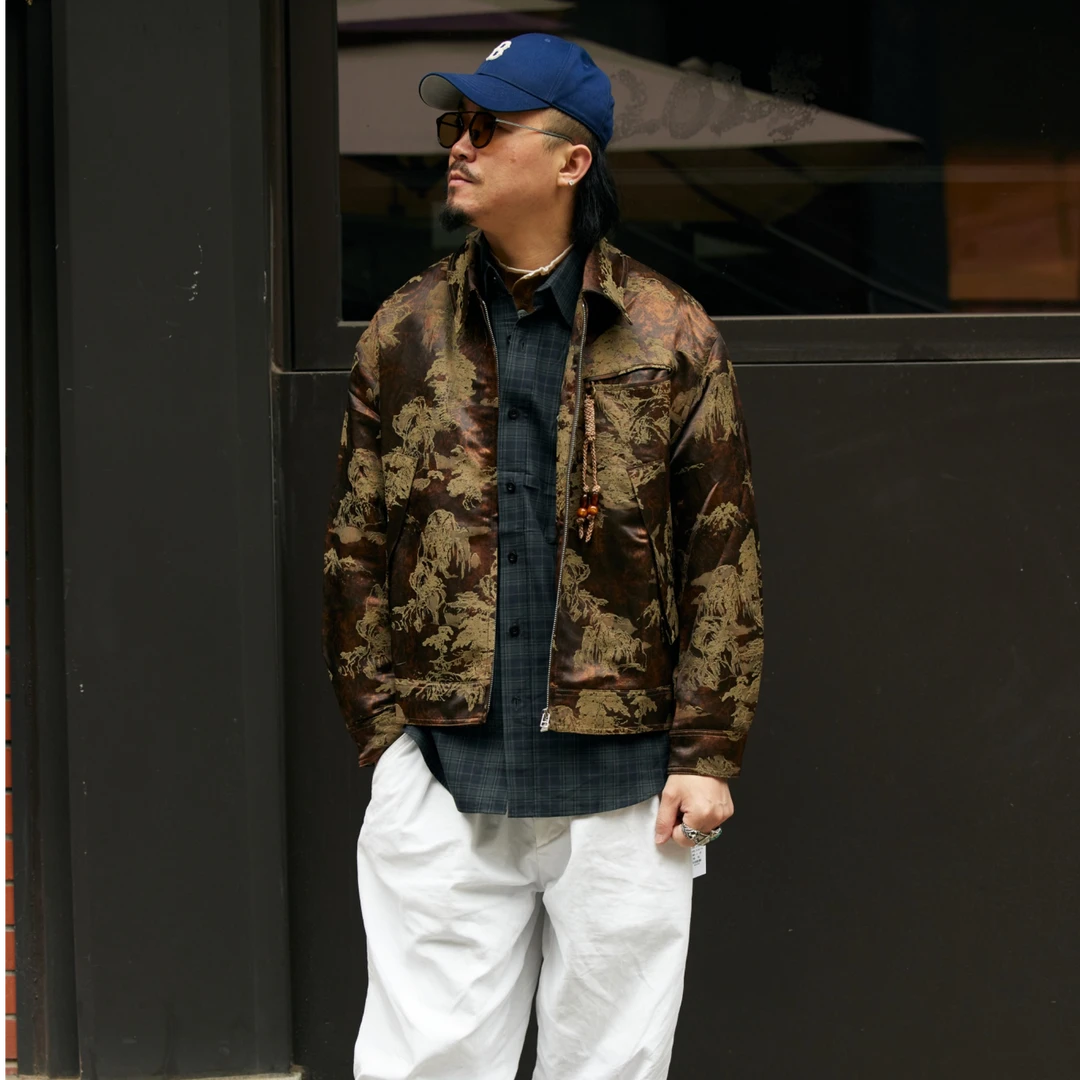 老钱风衬衫款夹克国风提花面料醋酸质感