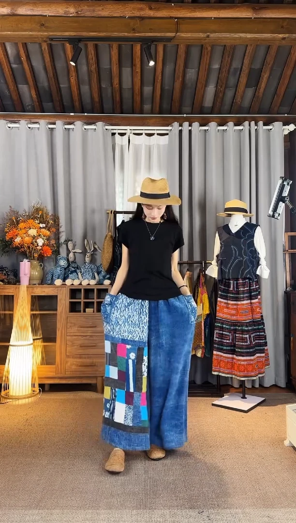 设计师款蓝色贴布裤裙