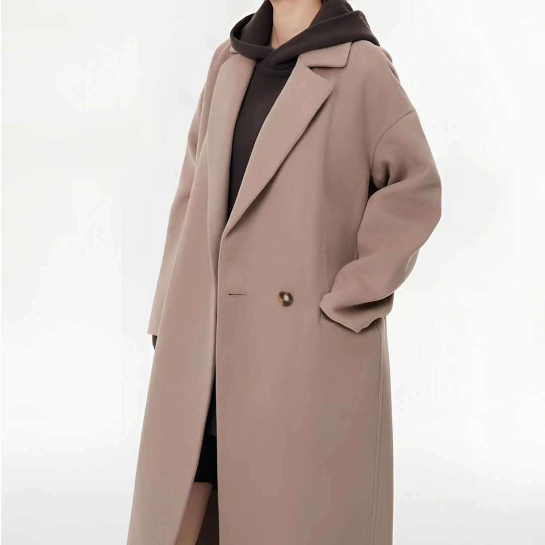 RIRV「Black系列」小梨漫 米驼色一粒扣羊绒大衣