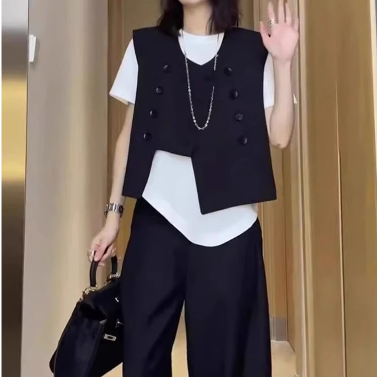 欧洲站春新款圆领双排多扣不规则简约时尚休闲西装马甲女外套