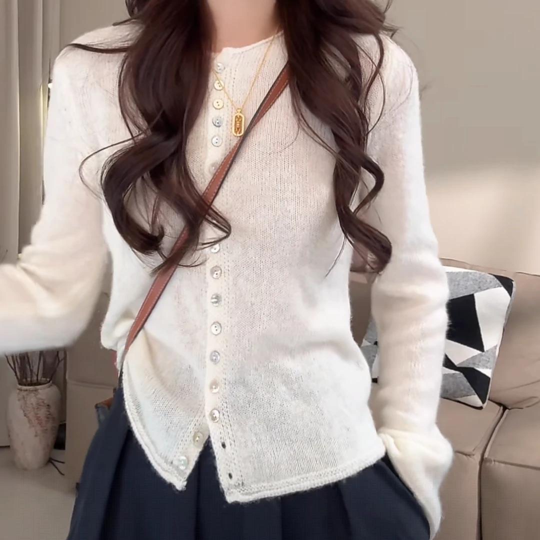 软糯法式拼接圆领长袖针织开衫2025新款秋季百搭气质轻奢纯色上衣