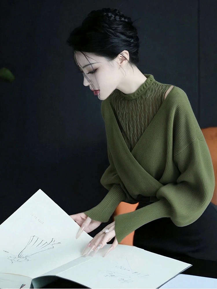 小众设计感绿色蕾丝拼接针织衫女2025秋季独特漂亮巨好看显瘦毛衣
