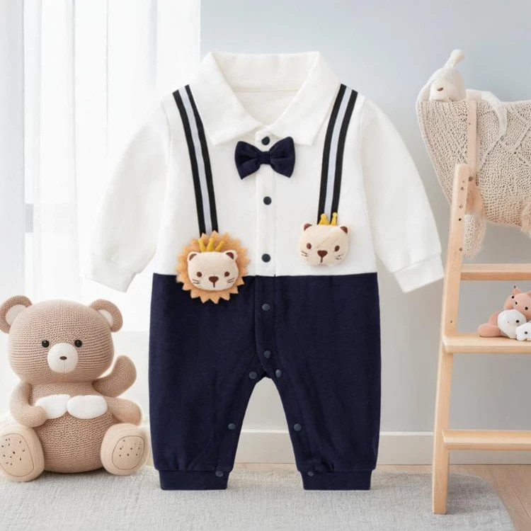 婴幼儿连体衣春装男宝宝新生儿满月百天绅士春秋款长袖帅气外出服