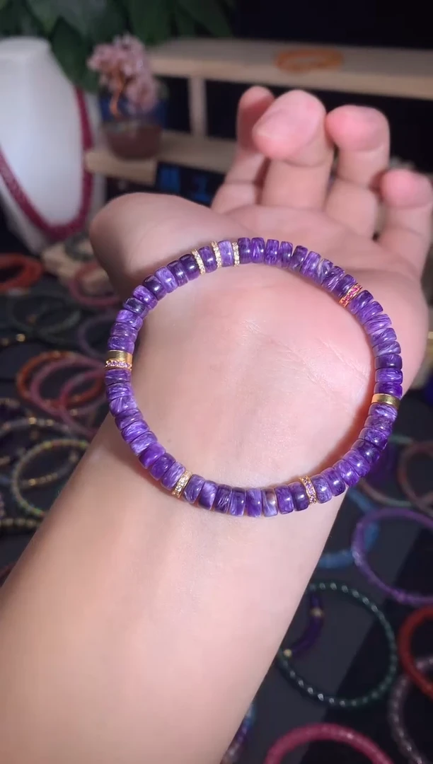 查罗石（紫龙晶）银S925镶嵌手绳紫龙晶精工直切药片手串DIY款6mm