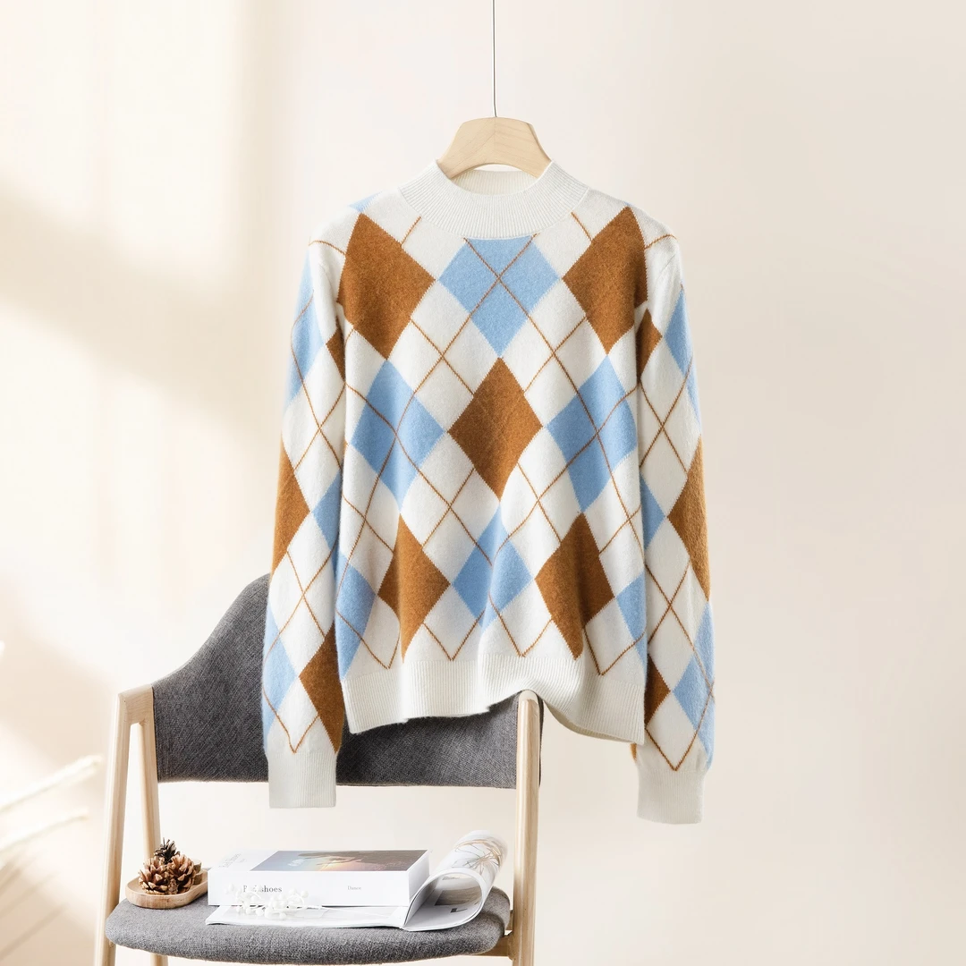 【现货】100%山羊绒！数兰朵小山羊菱格嵌花 优雅格纹保暖羊绒衫