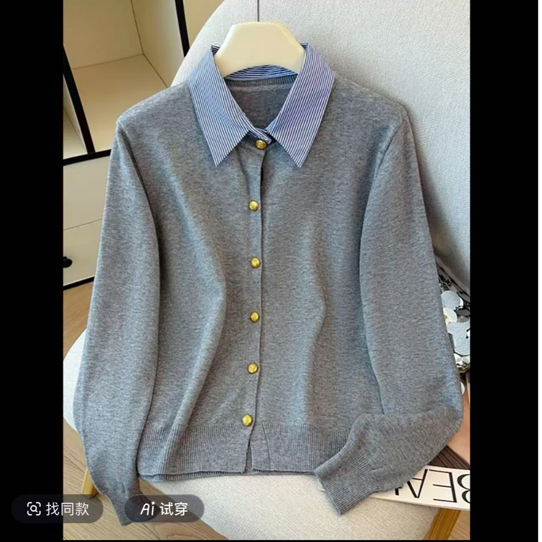 879衬衫领拼接假两件毛衣女2025春秋款针织开衫翻领上衣