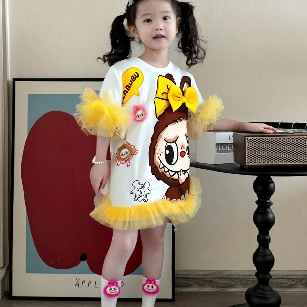 MN女童拉布布蝴蝶结纯棉连衣裙2025夏季薄款labubu公主裙可爱纱裙