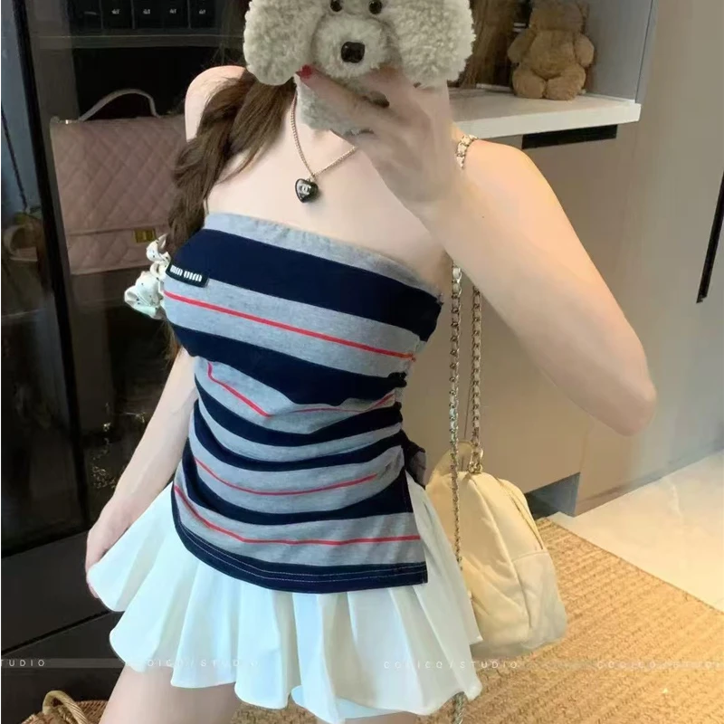 美式复古无袖条纹抹胸无袖撞色拼接设计字母刺绣自带胸垫辣妹上衣