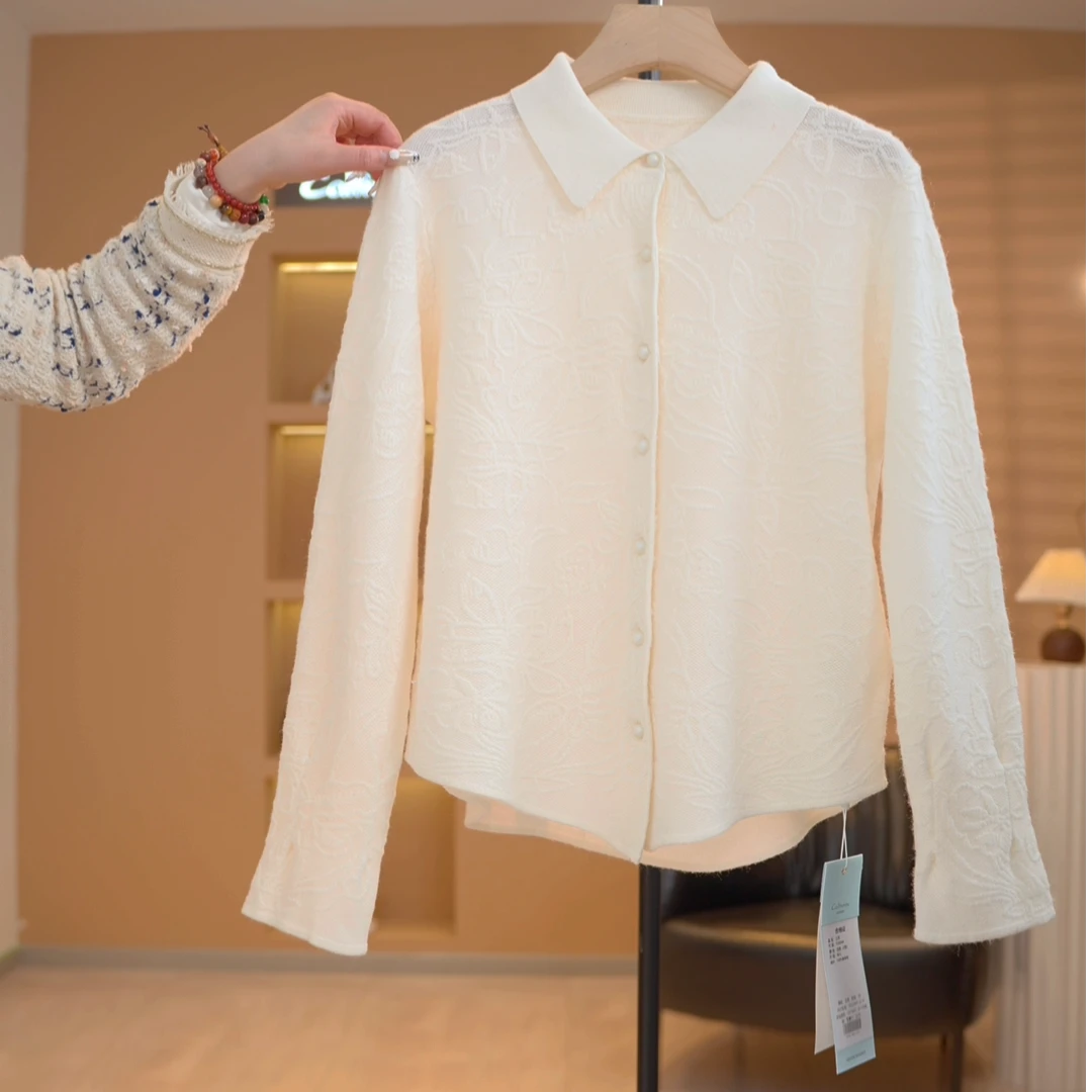 Caltivrou【媛媛】设计感提花翻领气质百搭针织衫-Y20244