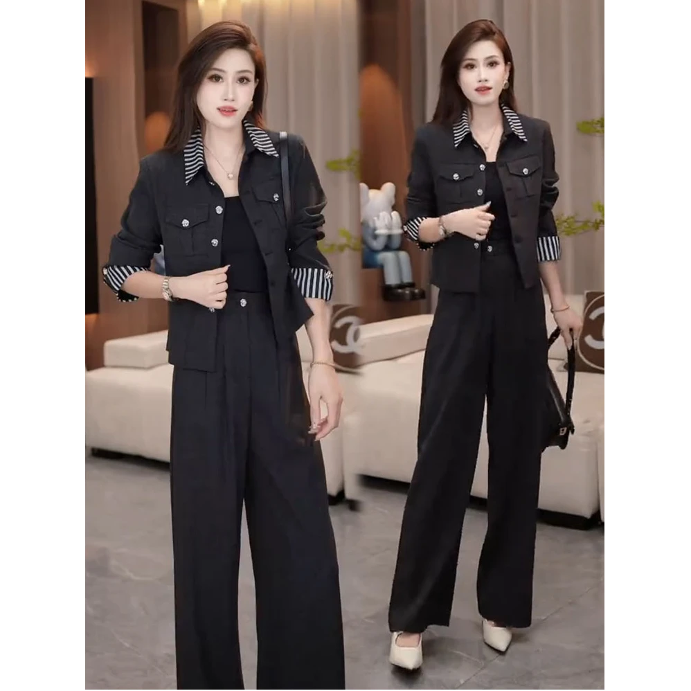 时尚套装女2025秋季新款时髦洋气条纹拼接短外套阔腿裤气质两件套