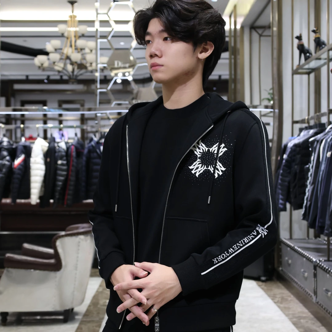 埃米尔 品牌刺绣 LOGO 透底水钻 AMIRI 侧边织带 连帽开衫卫衣
