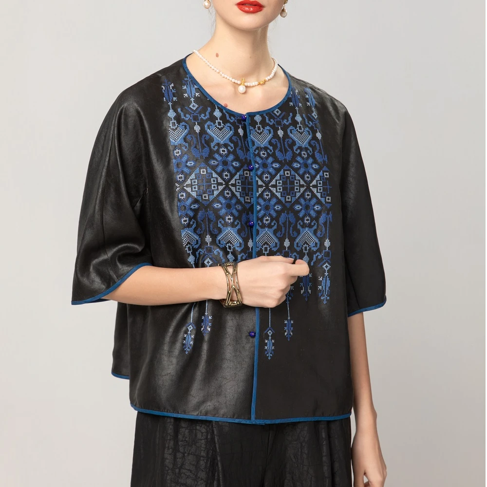 五色风马衬衫SJ25B1239夏季复古宽松中式文艺中国风圆领