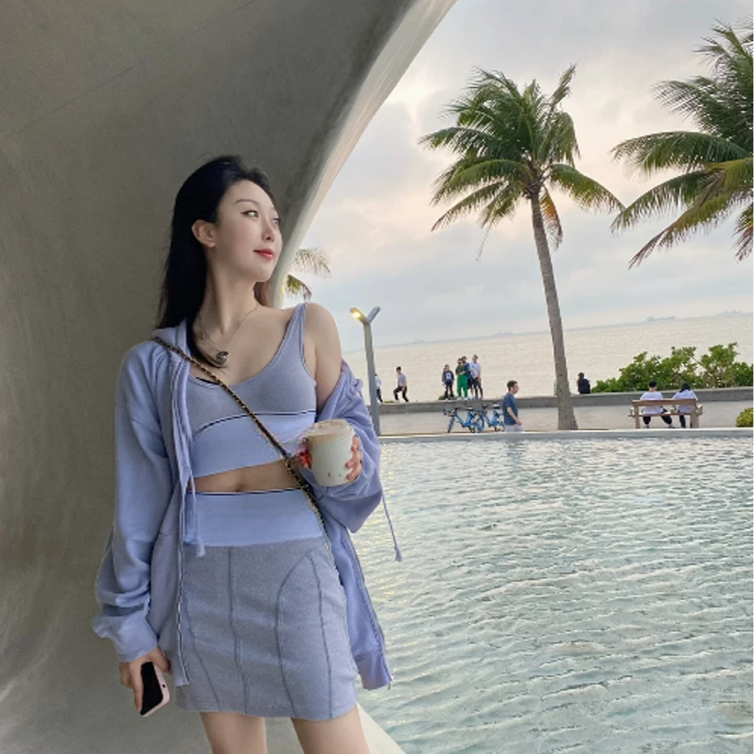 <猪猪出品>2025春夏上新运动套装灰色针织收腰套装154