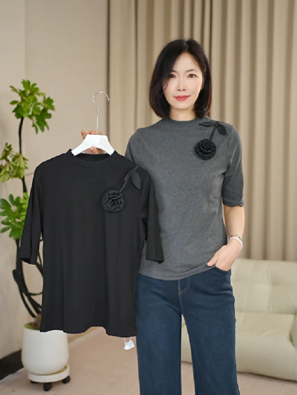 圆领千金风贴布吸汗拼接中袖时尚百搭T恤套头秋季新款打底衫#5025