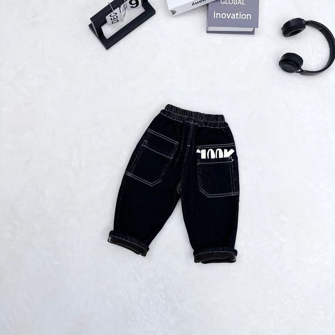 【町木优品】儿童冬季男童新品LOOK印花百搭纯色加绒牛仔裤 K6173