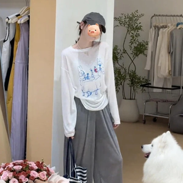 美式卡通印花白色圆领防晒长袖T恤女夏季薄款外搭罩衫空调衫上衣