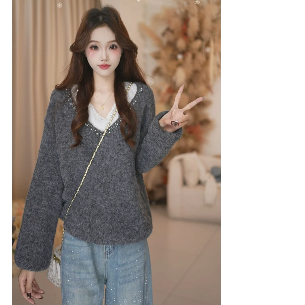 BasicHouse百家好秋冬百搭时尚V领假两件层次感毛衣B1385B5E4S2