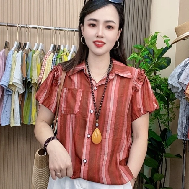 断码清货夏款衬衣衬衫领设计感时尚百搭短袖显瘦气质上衣【衣长57】