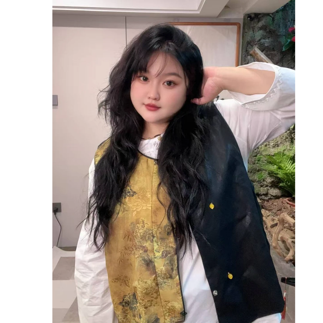 【甄胖·叠纹庭芜】新中式大码女装秋季拼皮马甲