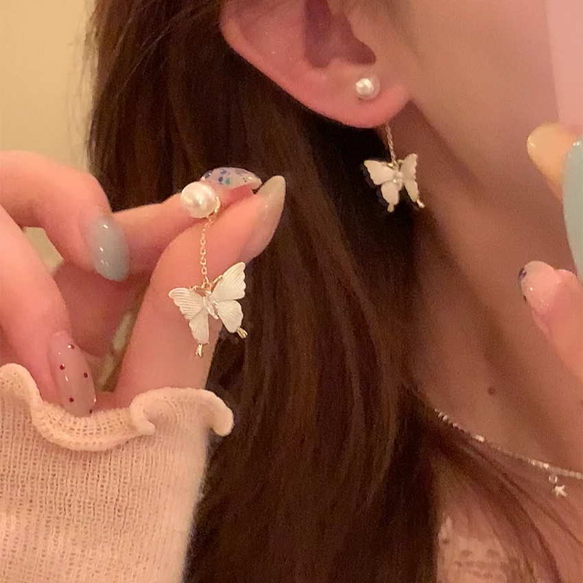 铜合金仿珍珠耳饰 春夏两戴蝴蝶流苏珠珠耳环女轻奢超仙耳针耳饰