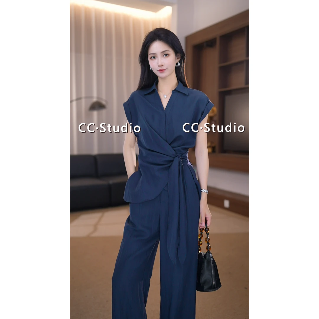 2025夏季新款法式polo领上衣+直筒裤套装女两件套BN25485