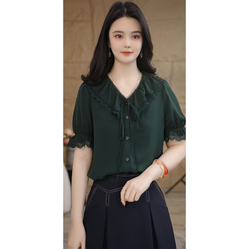 【曼贝宠粉节】C89-8592506祖母绿衬衫女七分袖气质时尚小众法式