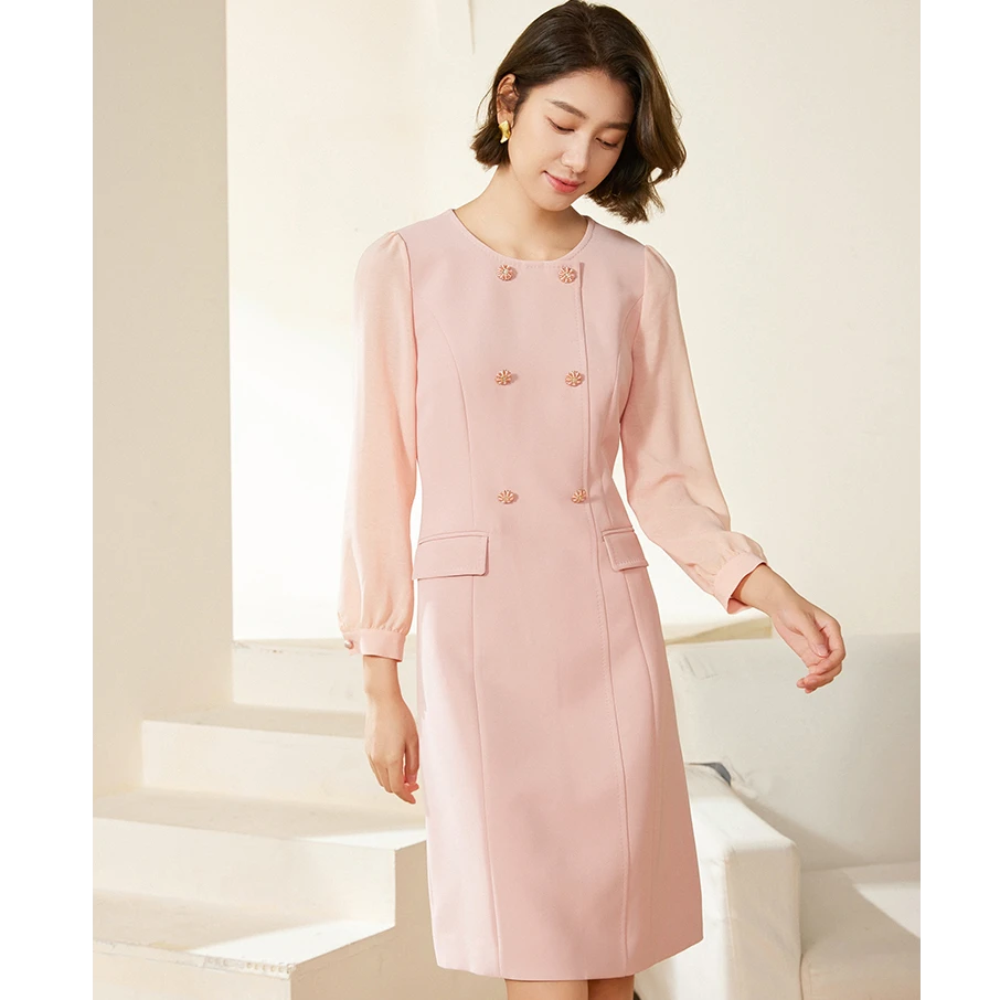 乔万尼法式气质连衣裙2025早款秋绣鎏绣扣金粉色小香风EM3E341102