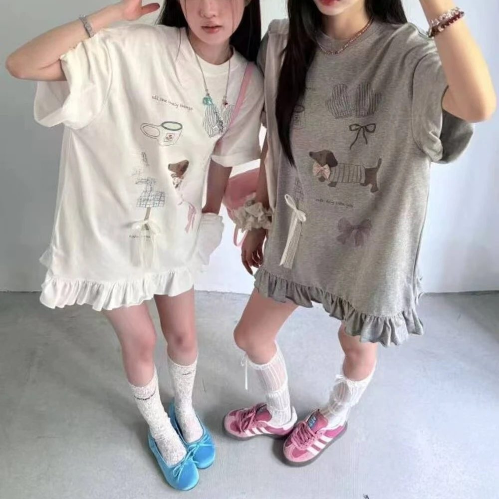 NICE圈圈、下半身消失腊肠狗蝴蝶结直喷木耳边拼接宽松Tee恤A3265