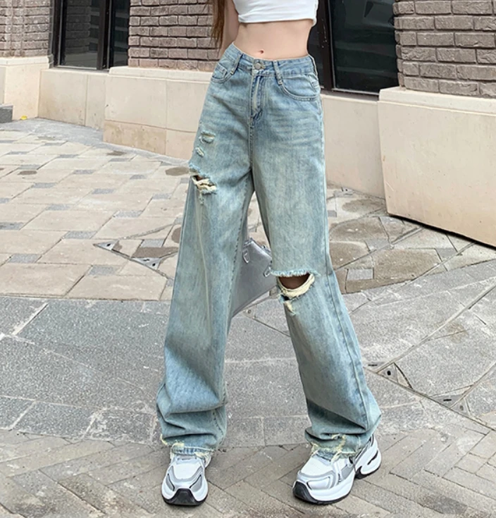 夏季韩系阔腿裤高腰牛仔裤复古风女士裤子长裤