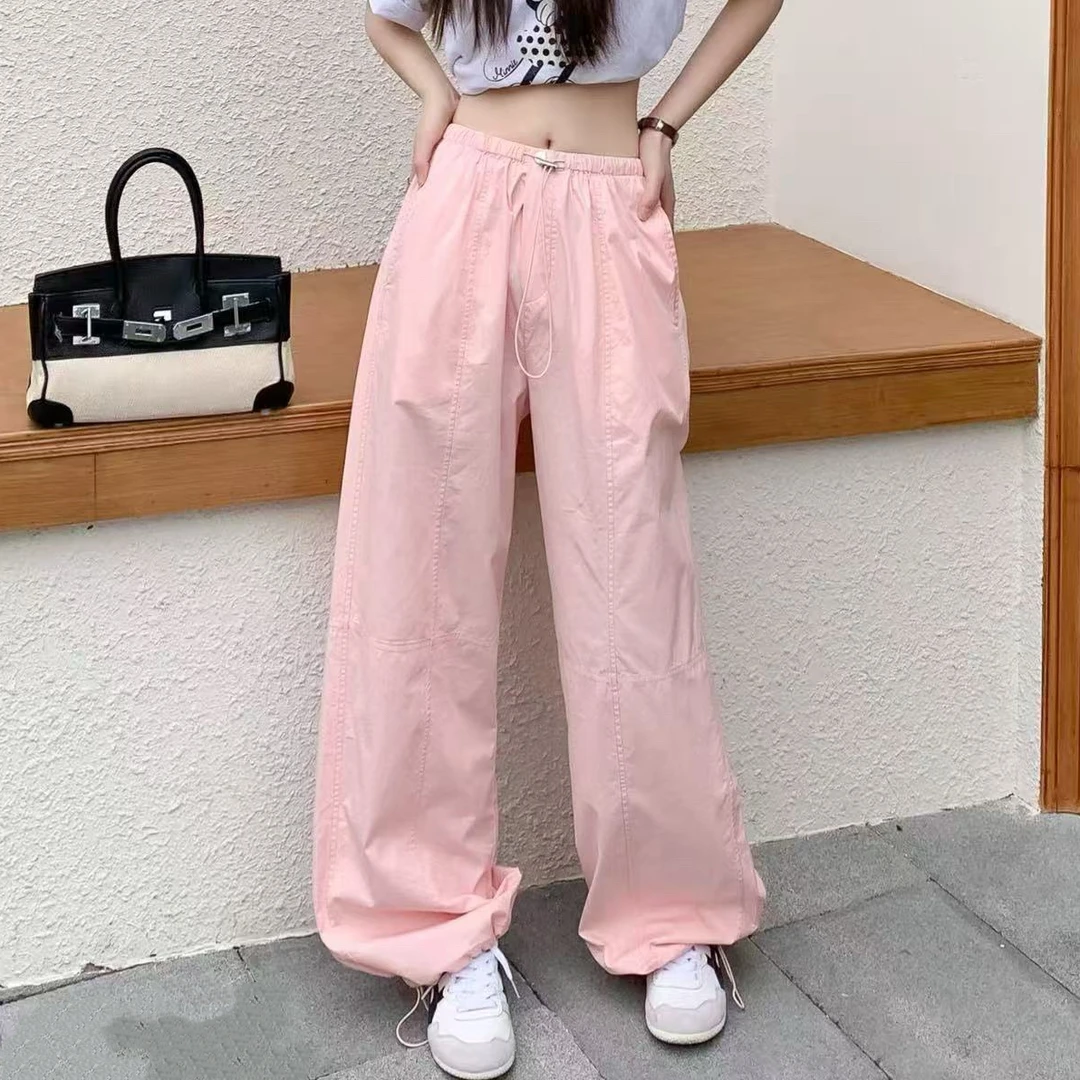 超薄纯棉工装裤女夏季肌理感美式高腰束脚宽松休闲运动裤9074