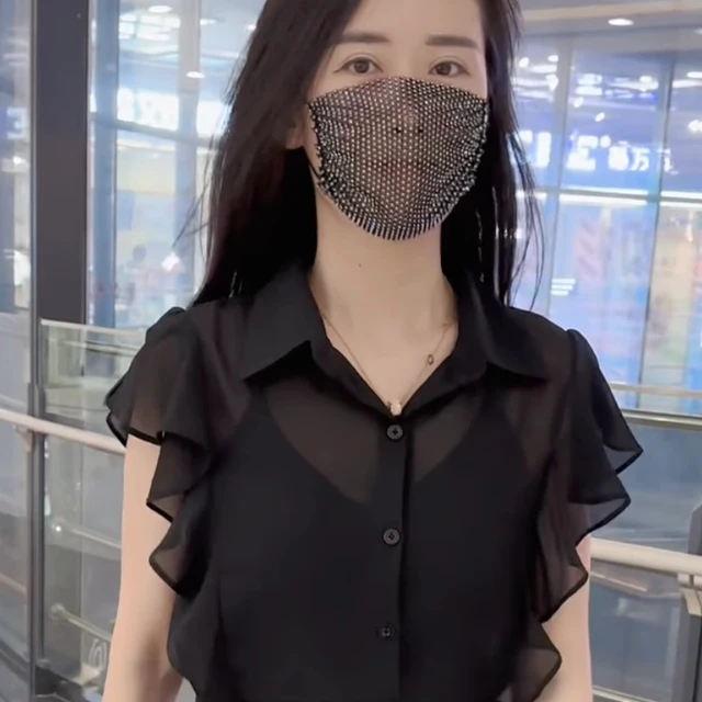 Polo领雪纺衬衫2025新款女夏季短袖T恤木耳边飞飞袖薄纱罩衫上衣